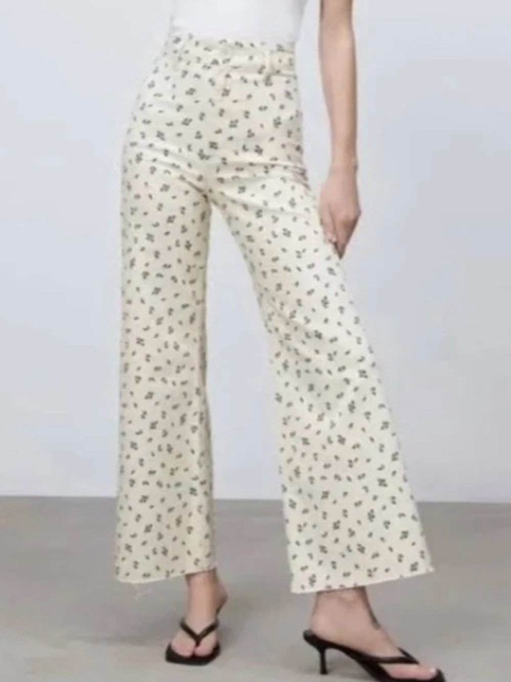 Zara The Marine Straight Jeans Womens 2 Floral High Waist Raw Hem Wide Leg Pant